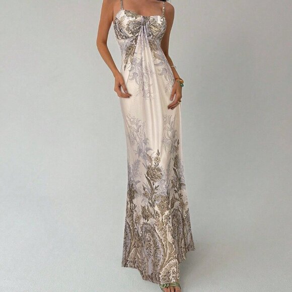 Khaki Elegant Women's Floral Print Color Maxi Slip Dress - Picture 5 of 6